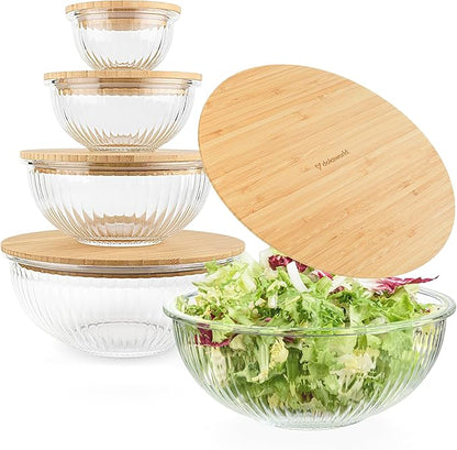 Stackable Space-Saving Set of 5 Nesting Glass Bowls with Bamboo Lids for Foodprep, Storage, Baking, Mixing & Cooking, Microwave & Oven Safe BPA Free Heat Resistant Inert Borosilicate Glass