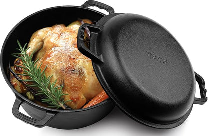 KICHLY Cast Iron Dutch Oven with Dual Purpose Skillet Lid, 5.QT Cast Iron Pot with 10.6 in Griddle Pan, Pre-Seasoned Heavy Duty Pot for Bread Baking, Roasting, Braising & Outdoor Camping Cooking, Black