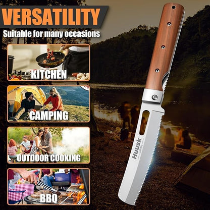 HUUSK Folding Bread Knife for Homemade Bread, Portable Bread Knives with Wide Wavy Edge for Steak, Tomato, Japanese Pocket Knife with 440C Stainless Steel for Cooking, Christmas Gift for Men and Women
