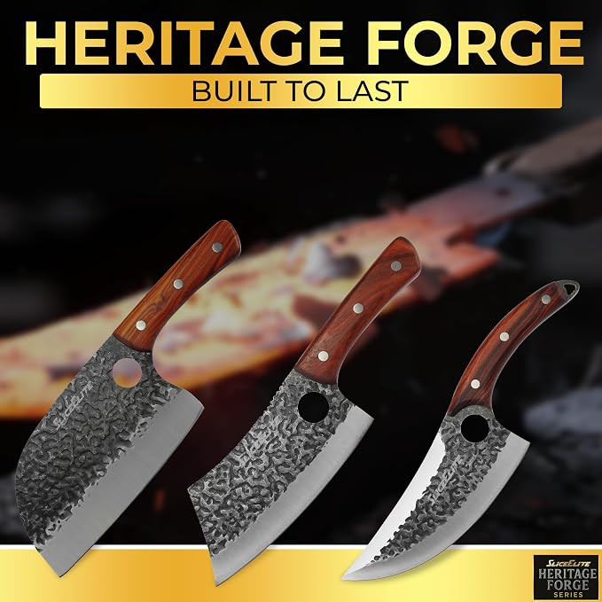SliceElite Hand-Forged Professional Butcher Knife (3 PC BUTCHER KNIFE SET W/SANDLEWOOD HANDLES)