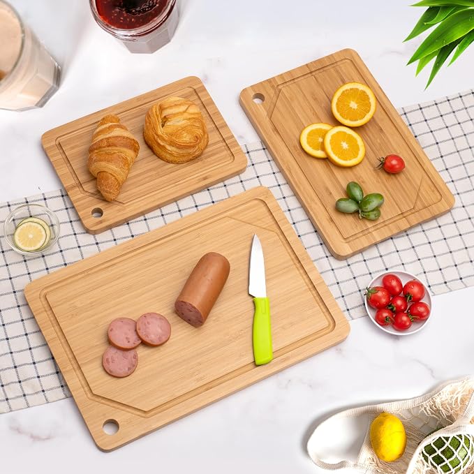 Bamboo Cutting Board Set of 3, Cutting Boards For Kitchen with Juice Groove, Bamboo Chopping Board Set, Serving Board Set for Meat, Vegetable and Cheese