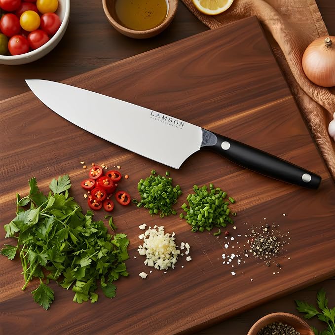 Lamson Vintage 8" Chef's Knife, Hi-Carbon Stainless Steel Blade, Double Riveted for Balance, Ideal for Dicing, Slicing & Chopping, Kitchen Knives - Midnight Handle