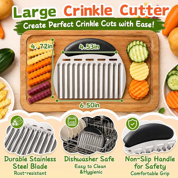 JAYVAR Large Crinkle Cutter French Fry Cutter, Large Crinkle Potato Slicer Wavy Chopper, Stainless Steel Wavy Slicer Crinkle Cutting Chopping Tools with Handle for Carrot Vegetable
