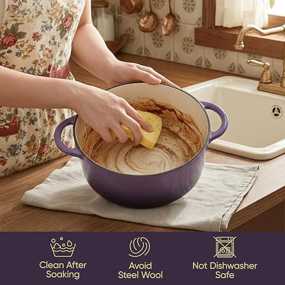4.5 Quart Dutch Oven Pot with Lid, Non Stick Enameled Cast Iron Dutch Oven for Bread Baking, Heavy-Duty, Oven Safe Ceramic Cookware Up to 500°F for Baking, Braising, Stews, Roasting, Purple