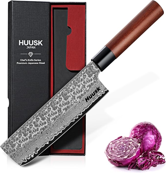Huusk Japanese Nakiri Knife 7-Inch - Hand Forged Meat Cleaver Vegetable Chopping Knife, VG10 Damascus Chef Knives with Rosewood Handle, Japanese Kitchen Knives for Cooking, Gifts for Men