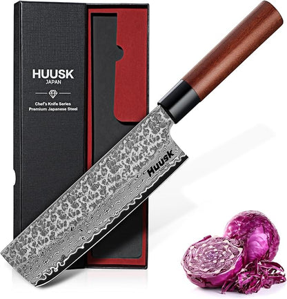 Huusk Japanese Nakiri Knife 7-Inch - Hand Forged Meat Cleaver Vegetable Chopping Knife, VG10 Damascus Chef Knives with Rosewood Handle, Japanese Kitchen Knives for Cooking, Gifts for Men