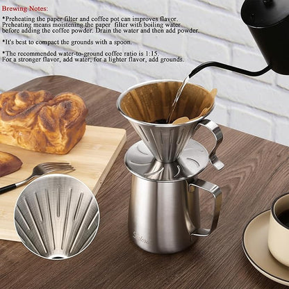 Lalord Pour Over Coffee Maker, 304 Stainless Steel wIth 100 pcs Size 02 Paper Filters (Coffee Dripper)