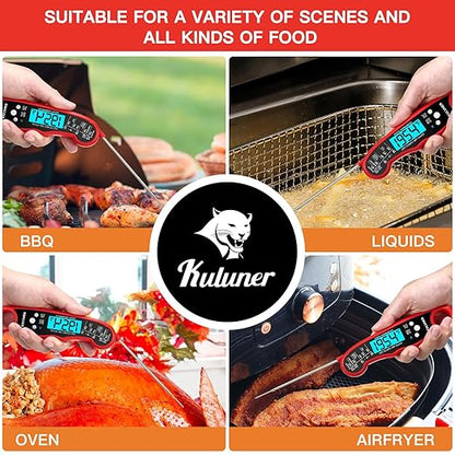 KULUNER Instant Read Meat Thermometer, Digital Food Thermometer with 4.6" Folding Probe, IP67 Waterproof, Backlight & Calibration, 2-3s Fast Reading for Kitchen Grilling BBQ Cooking Candy - Red