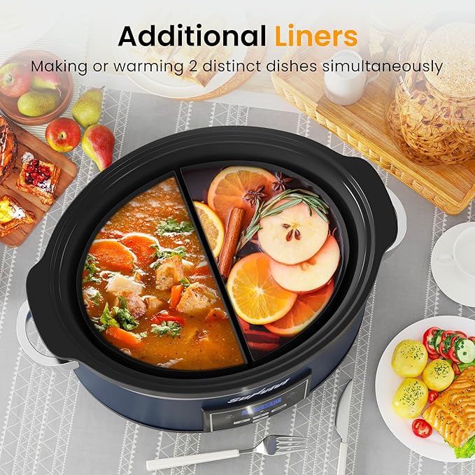 Programmable Slow Cooker, Multi-Cooker with 2 in 1 Silicone Slow Cooker Liners, 6 QT Food Warmer with Digital Timer, 3 Adjustable Temp & Dishwasher Safe Parts, Stainless Steel, Blue