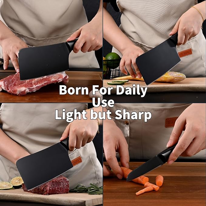 SHI BA ZI ZUO Chopping Knife and Fruit Knife,Black Ti Coating Kitchen Knife Set Meat Bone Chopper Meat knives Paring knives with Anti-Slip Hollow Handle