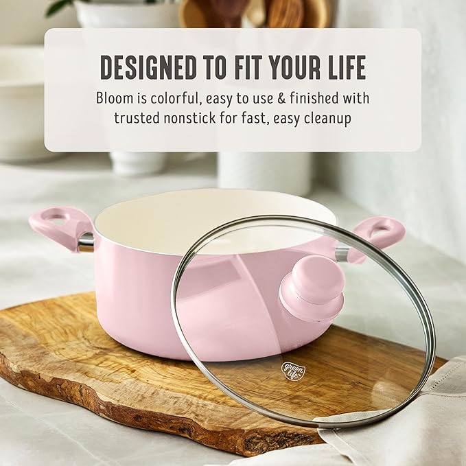 GreenLife 5 Quart Nonstick Stock Pot with Lid, Non-Toxic Ceramic Pot, Dishwasher Safe, Induction Ready, Fast Heating, Stay-Cool Handles, Kitchen Casserole, Soup, Pasta, Easy Clean, Blush Pink