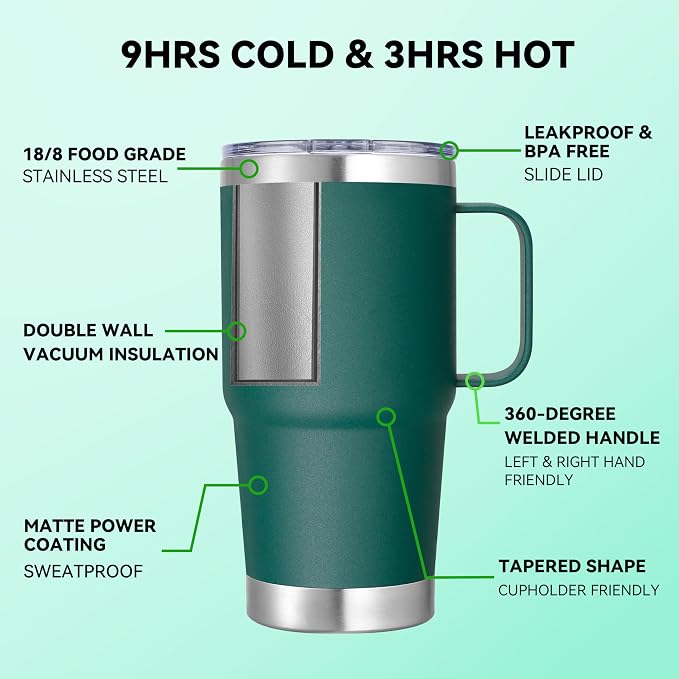 20 oz Stainless Steel Tumbler with Handle Metal Insulated Coffee Travel Mug with Handle Double Wall Tumbler Cup with Lid and Straw, Dark Green 1 Pack