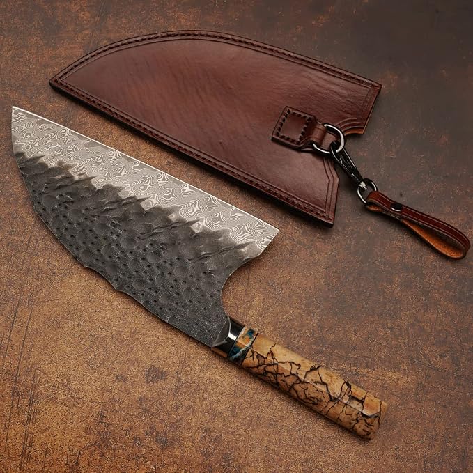 VG10 Damascus steel Kitchen Chinese Cleaver,8.5in Professional Handmade Chopping Chopper Knives with Burl Stabilized Wood Handle for Meat and Vegetable in Home&Restaurant