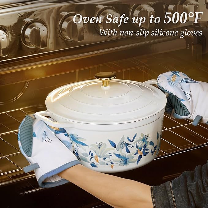 CAROTE 7 QT Enameled Floral Cast Iron Dutch Oven Pot with Lid, Cotton Potholders & Oven Gloves, Cast Iron Pot for Sourdough Bread Baking, All Stovetop Compatible, Oven Safe up to 500° F, White & Blue