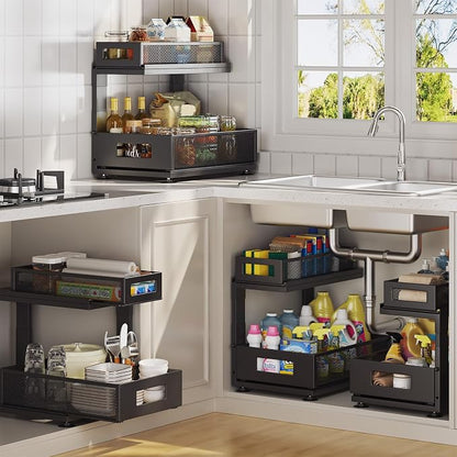 2 Pack Under Sink Organizer with Next-Gen Ball-Bearing Slides,2-Tier Pull Out Cabinet Storage,Height Adjustable Drawer Shelf for Bathroom,Kitchen,Laundry,Cabinet,Pantry(Patent Pending)