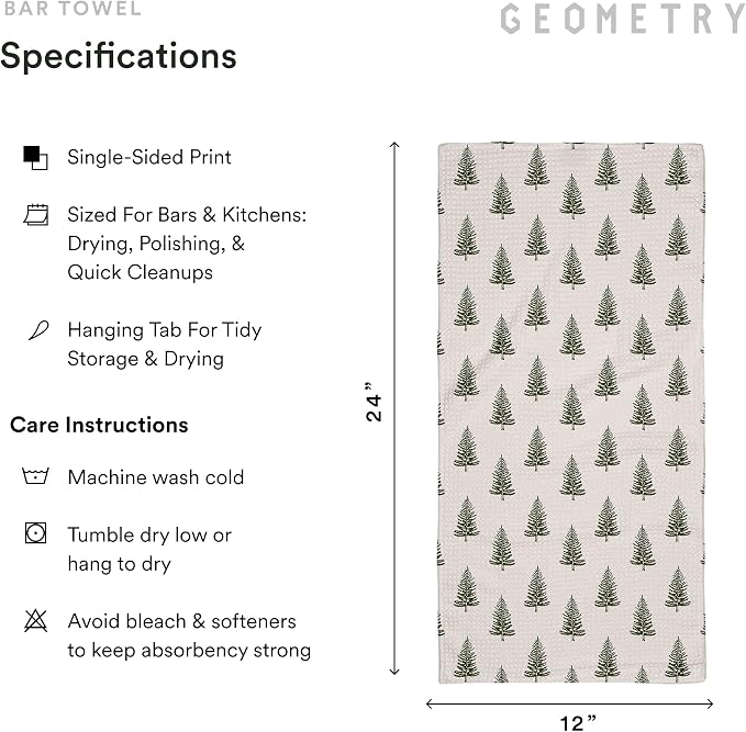 GEOMETRY Bar Towels for Kitchen Premium Towels for Cleaning Dishes & Glassware - Absorbent & Fast Drying Kitchen Towels - Pine, 12" x 14" - 1-Piece