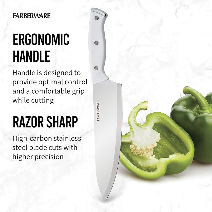 Farberware Edgekeeper Triple Riveted Chef Knife with Self-Sharpening Blade Cover, High Carbon-Stainless Steel Kitchen Knife with Ergonomic Handle, Razor-Sharp Knife, 8 Inch, White