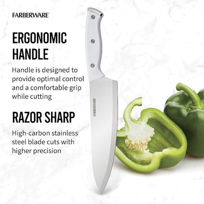 Farberware Edgekeeper Triple Riveted Chef Knife with Self-Sharpening Blade Cover, High Carbon-Stainless Steel Kitchen Knife with Ergonomic Handle, Razor-Sharp Knife, 8 Inch, White
