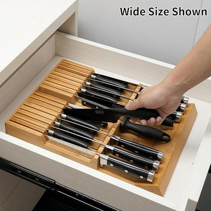 Utoplike In-drawer Knife Block Bamboo Kitchen Knife Drawer Organizer Large, handle Steak knife Holder without Knives, Fit for 16 Knife and 1 Sharpening Steel (Knives & Sharpening Not Included)