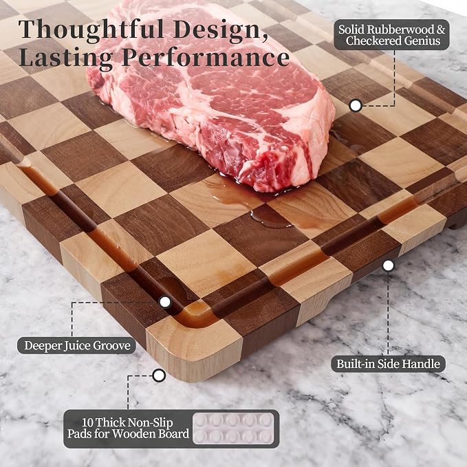 Checkered Cutting Board and Acrylic Cutting Board Set, 2 PCS Cutting Boards for Kitchen, Checkerboard Wood End Grain Chopping Board with Juice Groove & Acrylic Cooking Board with Counter Lip