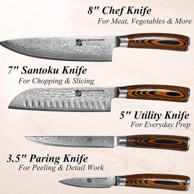 4Pcs Damascus Knife Set, VG10 Steel Core Damascus Kitchen Knife Set with G10 Handle, 8" Chef, 7" Santoku, 5" Utility & 3.5" Paring Knife for Cooking Enthusiasts & Restaurants