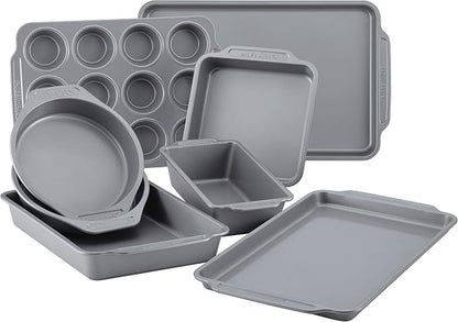 Farberware Nonstick Bakeware Set Includes Cookie Sheets/Baking Cake Muffin and Bread Pan, 8 Piece, Gray