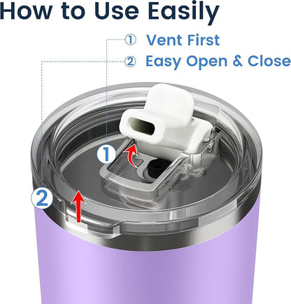 20oz Hygienic Insulated Tumbler — 100% Leakproof Lid with Removable Spout & Straw, Reinforced Vacuum-Protection Base, Cup Holder Friendly, for Iced Coffee, Smoothie/Water on the Go - Lilac