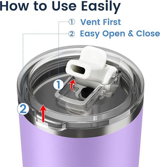 20oz Hygienic Insulated Tumbler — 100% Leakproof Lid with Removable Spout & Straw, Reinforced Vacuum-Protection Base, Cup Holder Friendly, for Iced Coffee, Smoothie/Water on the Go - Lilac
