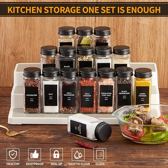 Skiileor 48 Pcs Spice Jars with Label- Glass Spice Jars with Black Metal Caps,Shaker Lids, Funnel, Chalk Pen 4oz Seasoning Containers Bottles for Spice Rack, Cabinet, Drawer