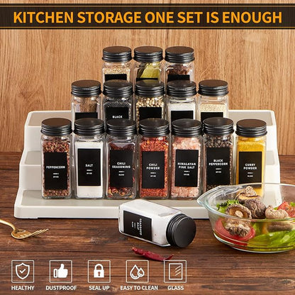 Skiileor 48 Pcs Spice Jars with Label- Glass Spice Jars with Black Metal Caps,Shaker Lids, Funnel, Chalk Pen 4oz Seasoning Containers Bottles for Spice Rack, Cabinet, Drawer