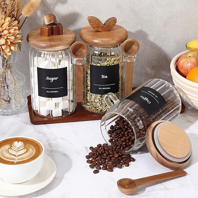 Suclain 3 Pcs Glass Coffee Container with Acacia Wood Lid & Spoon, 25 oz Airtight Glass Jar with Wooden Shelf, Food Storage Containers Coffee Jar Tea Container(Acacia Color)
