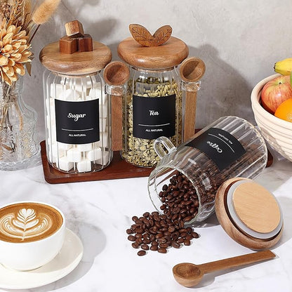 Suclain 3 Pcs Glass Coffee Container with Acacia Wood Lid & Spoon, 25 oz Airtight Glass Jar with Wooden Shelf, Food Storage Containers Coffee Jar Tea Container(Acacia Color)