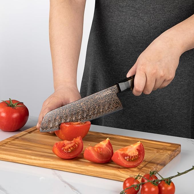 Kurogane 7-Inch Santoku Knife | VG-10 Damascus Steel | Granton Edge | G10 & Copper Handle