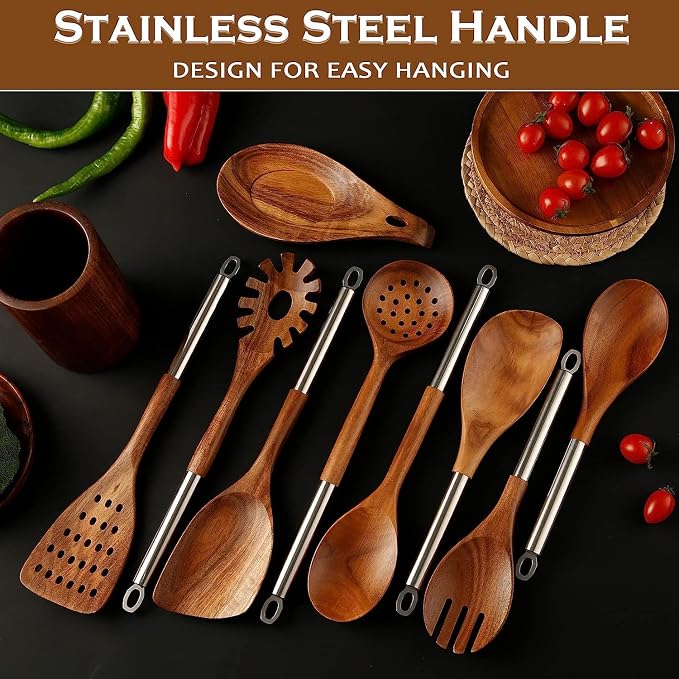 Wooden Spoons for Cooking with Utensils Holder, 10-Pieces Natural Acacia Wooden Utensil Set with Stainless Handle, Non-Stick, Wooden Cooking Spurtle Set for Mom, Wife Cookware Gifts