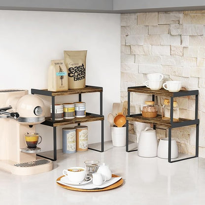 Goozii Kitchen Cabinet Shelf Set of 4, Cupboard Shelves for Plates Dishes Cups Mugs Spices, Pantry Cupboard Cabinet Organizers and Storage Shelves Rack Insert for Countertop (Brown)
