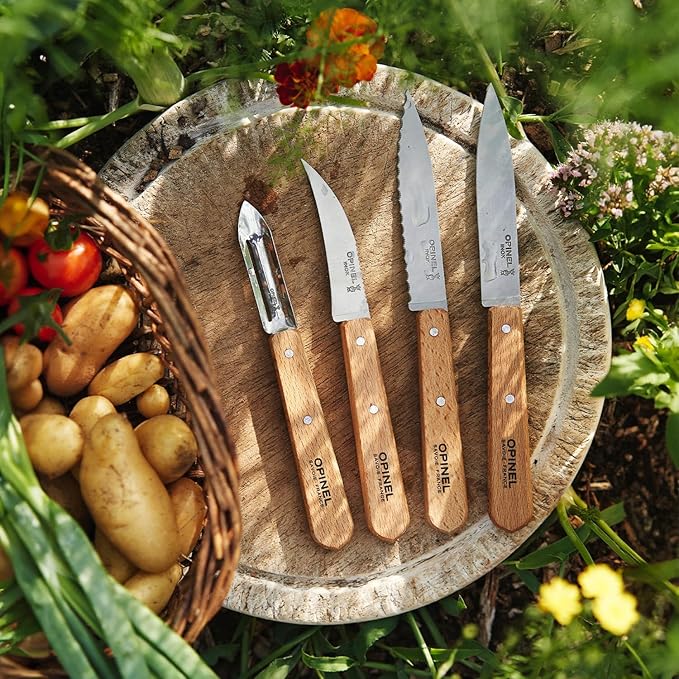 OPINEL Les Essentials - Small Kitchen 4 Piece Knife Set - Paring, Serrated, Peeler, Vegetable Knife, Corrosion Resistant High Carbon Steel, Made in France (Natural)