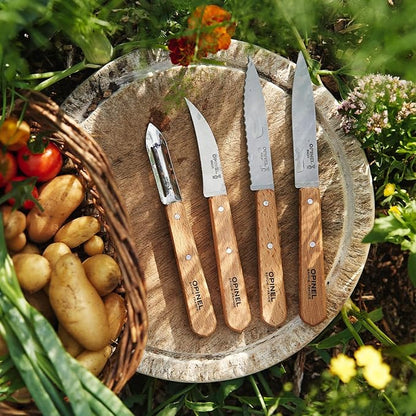 OPINEL Les Essentials - Small Kitchen 4 Piece Knife Set - Paring, Serrated, Peeler, Vegetable Knife, Corrosion Resistant High Carbon Steel, Made in France (Natural)