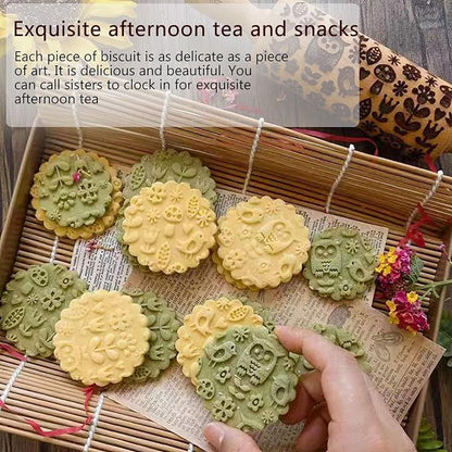 Embossed Rolling Pin for Baking, Wooden Decorative Embossing Cookie Roller for Kitchen(Type A07)