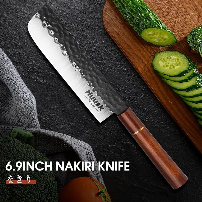 Huusk Japan Knife, Nakiri Knife Japanese Vegetable Knives 7 Inch, Multipurpose Asian Kitchen Chef Knives,Hand Forged High Carbon Steel Sharp Cleaver, Ergonomic Rosewood Handle, Gifts Idea for Men