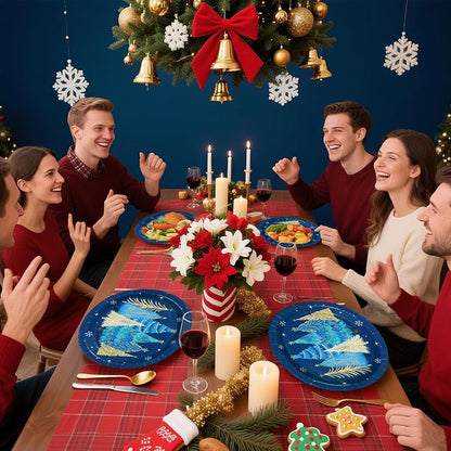 50Pcs Blue Christmas Tree Oval Plates 10” x 12” Christmas Tree Heavy Duty Oval Paper Plates Santa Party Tableware Supplies for Winter Xmas Holiday Party Decorations