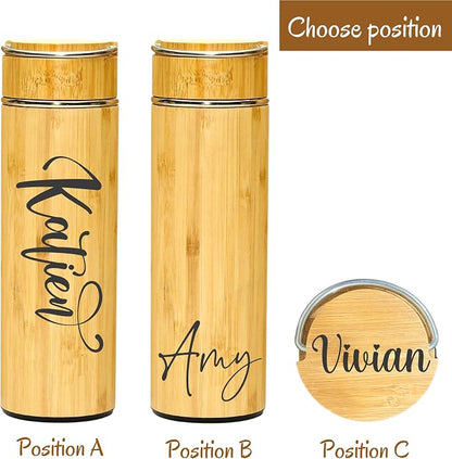 Custom Name Engraved Bamboo Water Tumbler Corporate Gift Personalized with Company Logo Wooden Insulated Travel Mug Employee Appreciation Business Gift, Tea Bottle with Infuser.