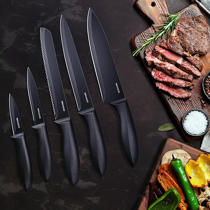 RAXCO Knife Set,10-Piece Stainless Steel Kitchen Knife Set with Block,Black | Compact Small Countertop Holder,Pro-Sharpened Stainless Steel Chef Knives, Space Saving Knife Set for RV & Apartment