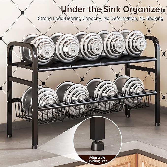 Under Sink Organizers and Storage, 2 Tier Expandable Length Adjustable Height Under Sink Organizer, Easy Assembly Heavy Duty Carbon Steel Space Saving Under Cabinet Shelf Storage Rack