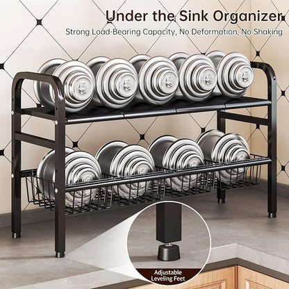 Under Sink Organizers and Storage, 2 Tier Expandable Length Adjustable Height Under Sink Organizer, Easy Assembly Heavy Duty Carbon Steel Space Saving Under Cabinet Shelf Storage Rack