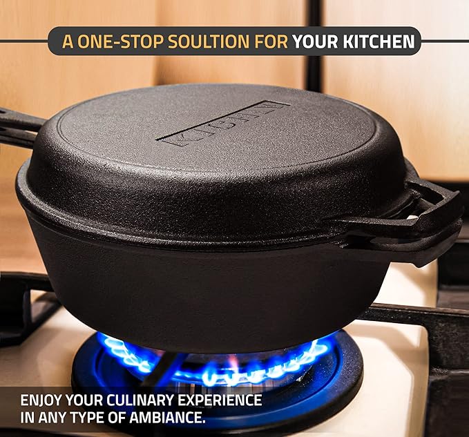KICHLY Combo Cooker Cast Iron Dutch Oven with Lid 2 in1, Pre-seasoned Multi Cookware Skillet, 3.2QT Cast Iron Pan Dutch Oven Deep Pot with Frying Pan 10.25 Inch, Grill Induction Stovetop Camping