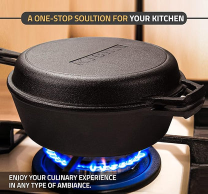 KICHLY Combo Cooker Cast Iron Dutch Oven with Lid 2 in1, Pre-seasoned Multi Cookware Skillet, 3.2QT Cast Iron Pan Dutch Oven Deep Pot with Frying Pan 10.25 Inch, Grill Induction Stovetop Camping