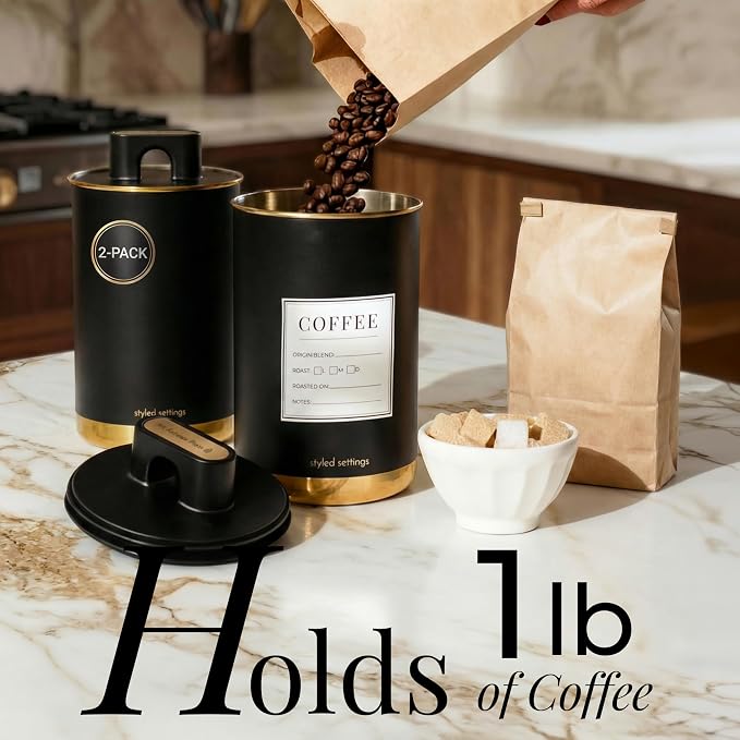 STYLED SETTINGS Coffee Bar Canisters Set of 2 – Vacuum Coffee Canisters with Airtight Lids & Scoop, Black & Gold Stainless Steel Food Storage Containers for Beans or Grounds – Coffee Lover Gifts