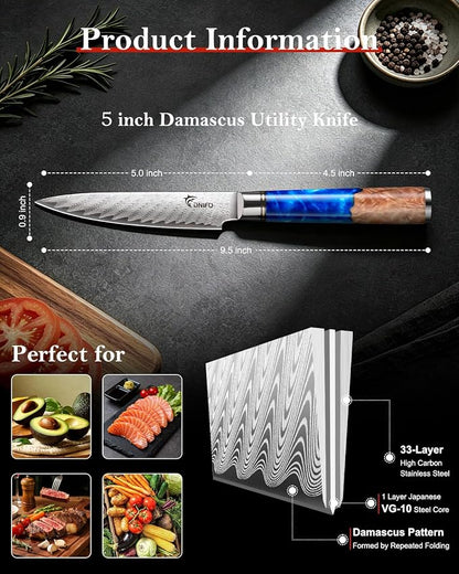 Kitchen Utility Knife 5 Inch, Japanese VG10 Steel Damascus Paring knife, Small Kitchen Chef Knife with Gift Box and Resin Wood Handle, Ideal Gift for Your Beloved Men or Women