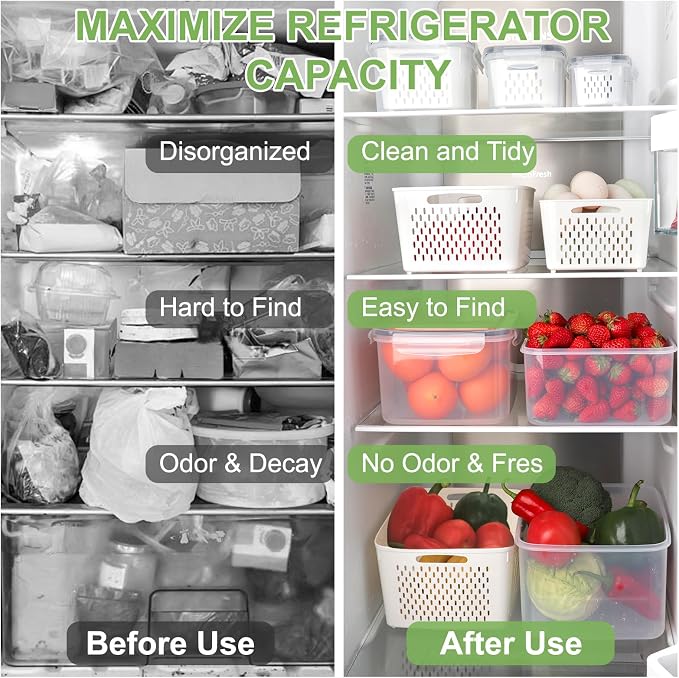 CAPHONT Fruit Containers for Fridge 6 Pcs 2-in-1 Large Fridge Food Storage Container Set with Lids with Strainer 6 Size Clear Vegetable Storage Containers Keep Fruits, Vegetables, Meat Fresh Longer
