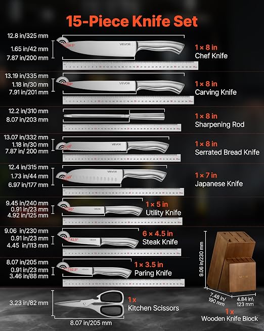 VEVOR Kitchen Knife Set with Block and Sharpener, 15 Piece German High Carbon Stainless Steel Sharp Knife Set, Kitchen Cutlery with Ergonomic Handle, Sharpening Rod and Wooden Block, for Home Cooks